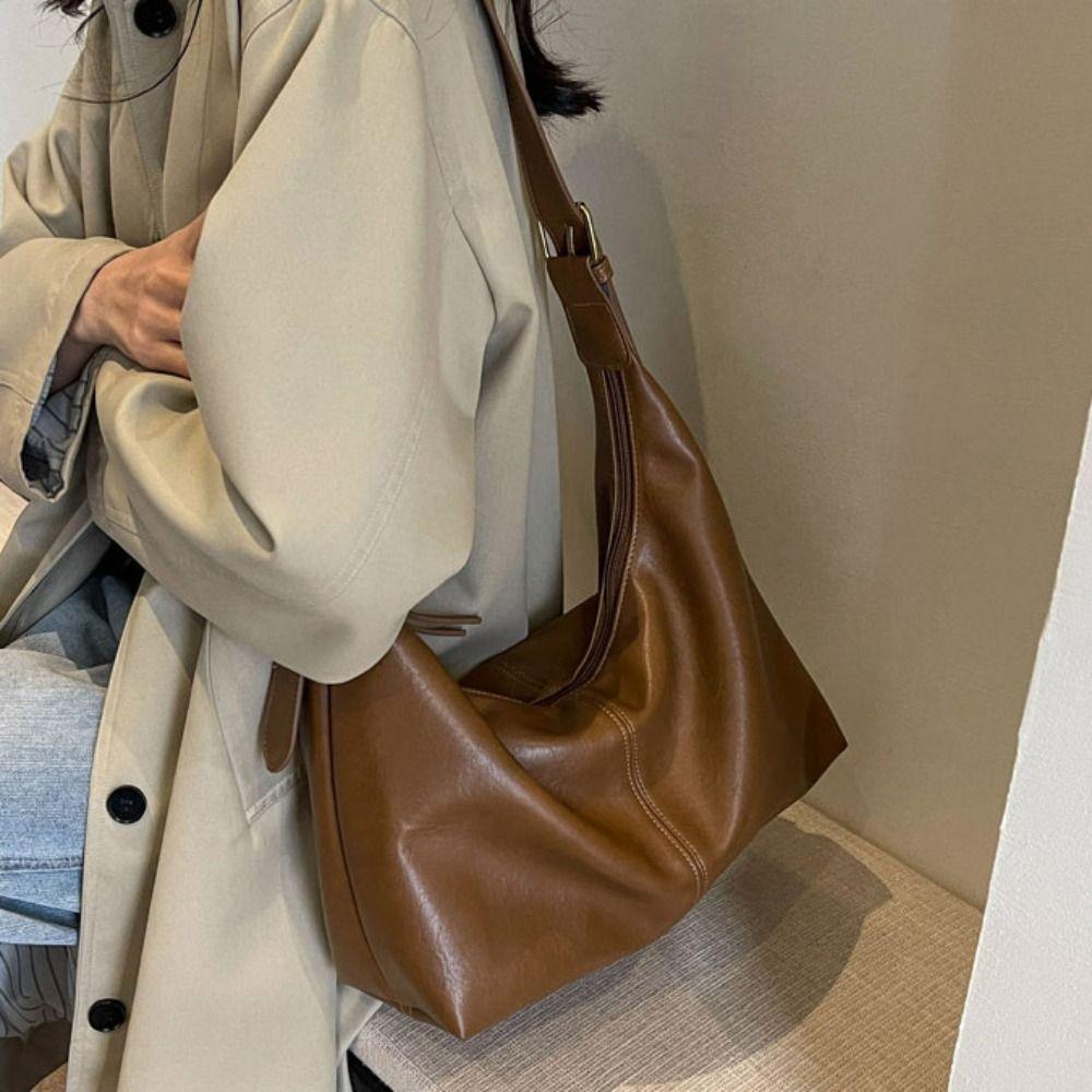 Korean Style Large Capacity Handbag Solid Color Underarm Packs Retro PU Tote Bag  Office Worker