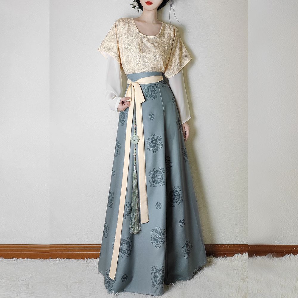 Chinese Tang Dynasty Style Hanfu Dunhuang Printed Round Neck Shirt Waist High One-piece Skirt Set For Women