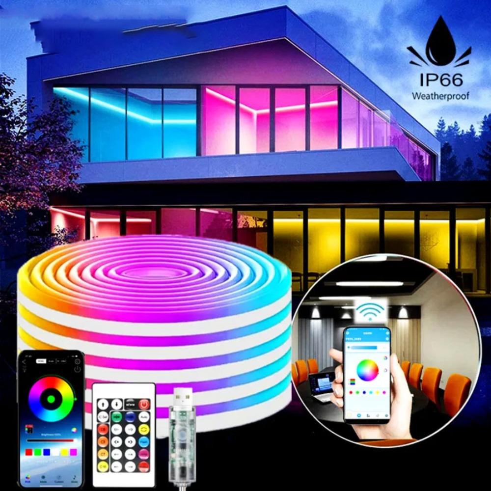 RGB Неоновая светодиодная лента с Bluetooth-приложением и пультом дистанционного управления 5V USB Водонепроницаемая неоновая лента RGB-лента для внутреннего и наружного декора дома