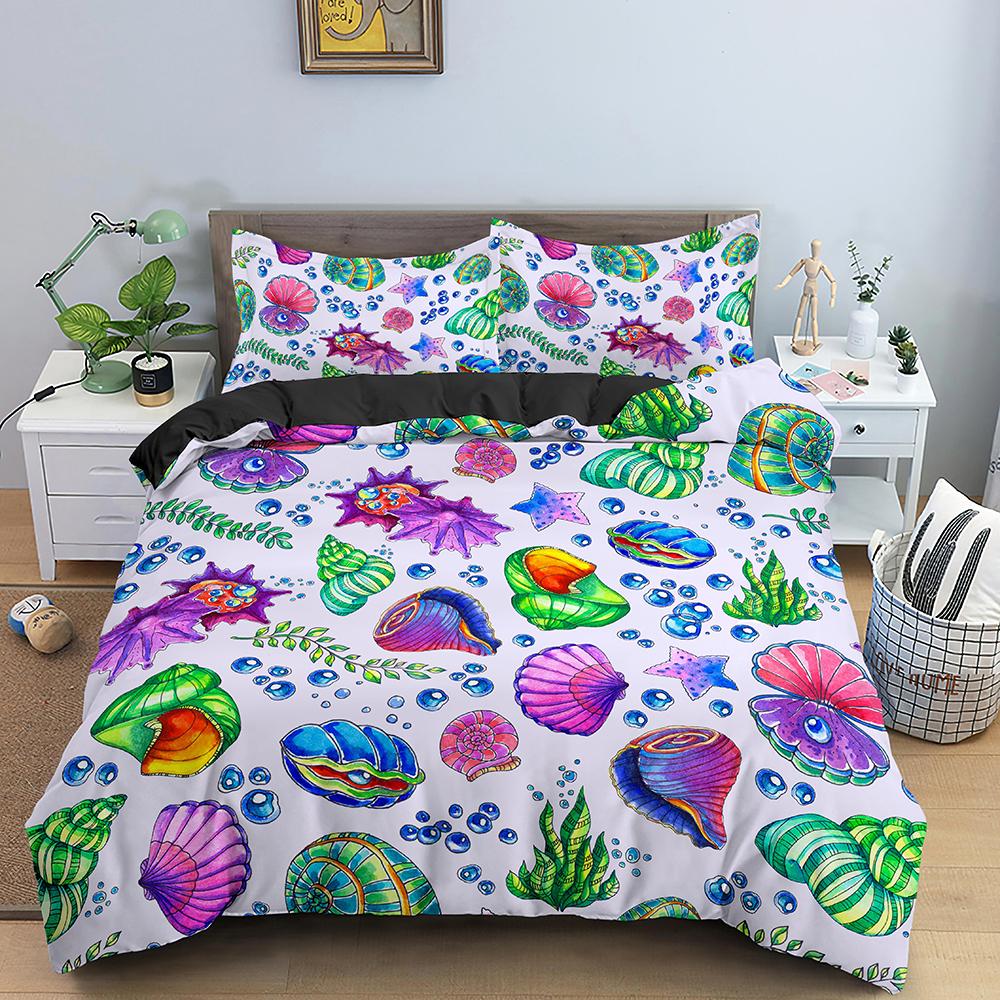 Shell Duvet Cover Set Starfish Crab Sea Animals Kawaii Polyester Comforter Cover For Kid Boys Girl Bedding Set King Full Size