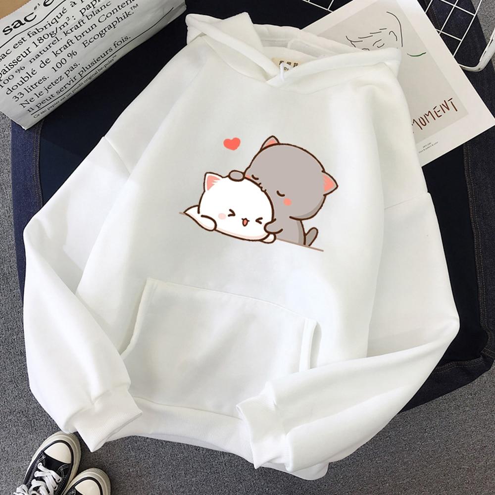 Peach Cat Kawaii Print Women Hoodie Casual Oversized Pullover Popular Streetwear Fashion Sweatshirt Couple Clothing