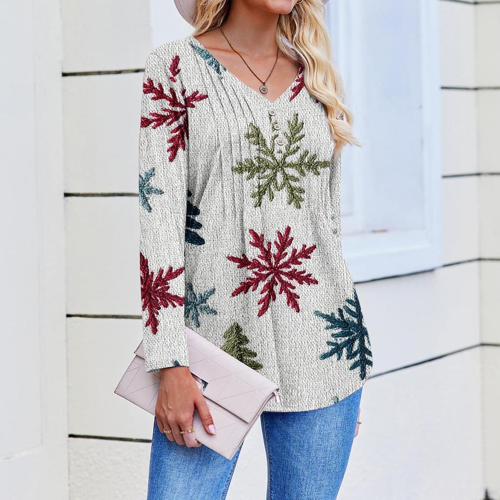 Women's Fashion Casual Christmas Tree Print V-Neck Decorative Button Long Sleeve T-Shirt Top