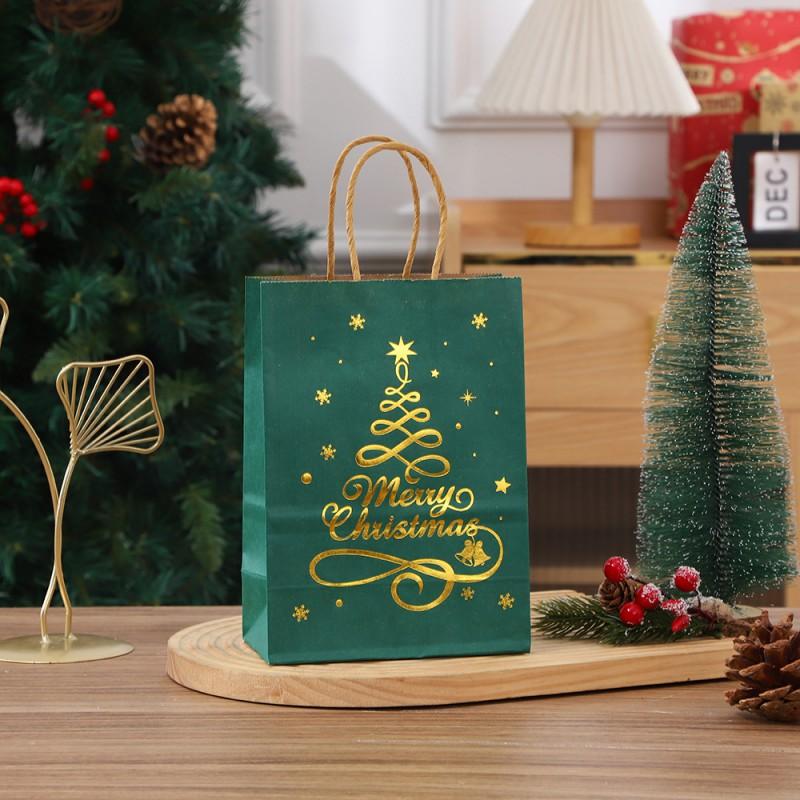 Christmas Kraft Paper Gift Bag With Foil-Stamped Tree Design Handle Carry Kids Holiday Presents