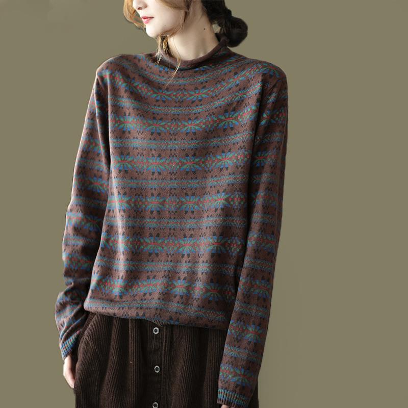 Женский винтажный свободный повседневный свитер с цветочным принтом, водолазка с длинными рукавами, зимний пуловер в китайском стиле