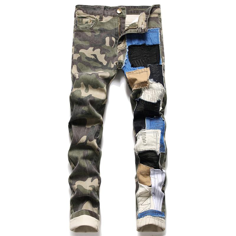 European And American Style New Trend Brand Straight Tube Slim Fit Denim Pants With Holes, Multi Colored Fabric Splicing, Washed Denim Pants