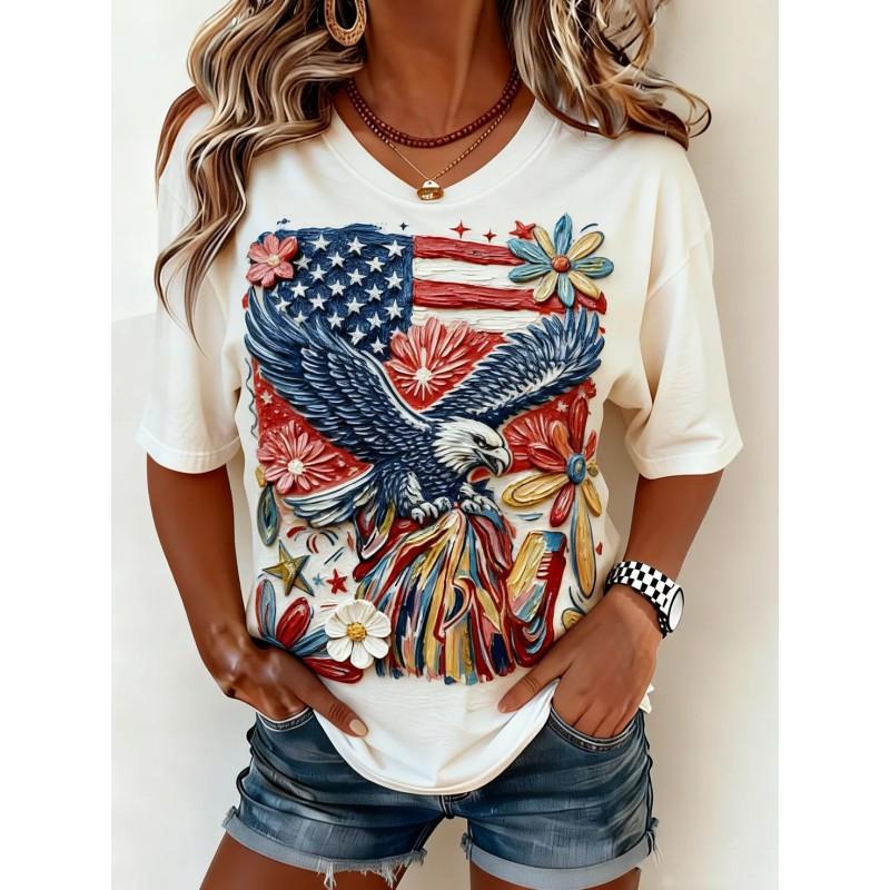V-Neck Short Sleeve T-Shirt With Blue White Striped Print Loose Fit Casual Top Women 2025