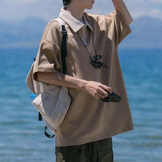 Spring Men Cargo Shirt Turn-down Collar Half Zipper Loose Japanese Style Mid Length Solid Color Half Sleeves Pullover Streetwear Outdoor Top