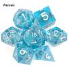 7 Pcs Blue Resin Flowing Sand White Number Sharp Edge Dice Polyhedral Dice Suitable for RPG Board Game