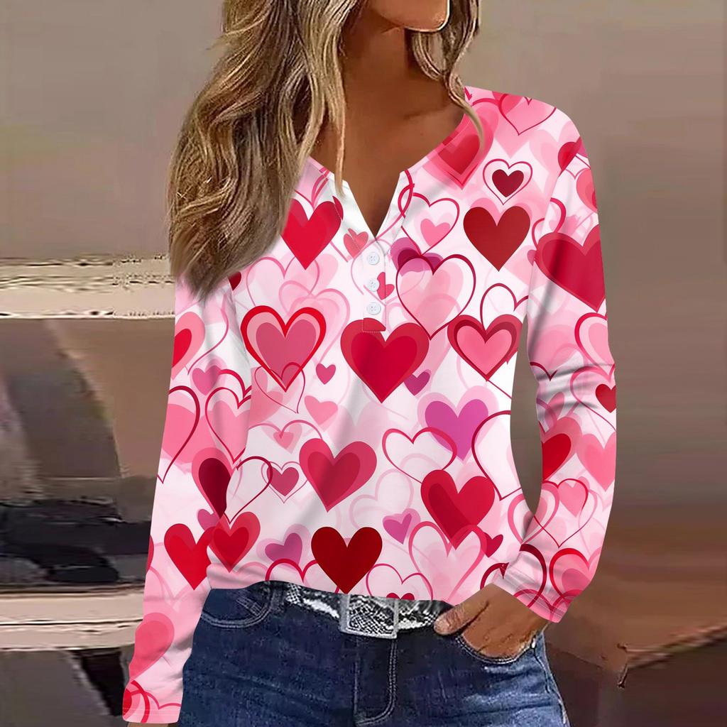 Женская футболка с принтом ко Дню святого Валентина, туника с длинным рукавом и пуговицами, повседневная мода на выходные, базовый топ с V-образным вырезом