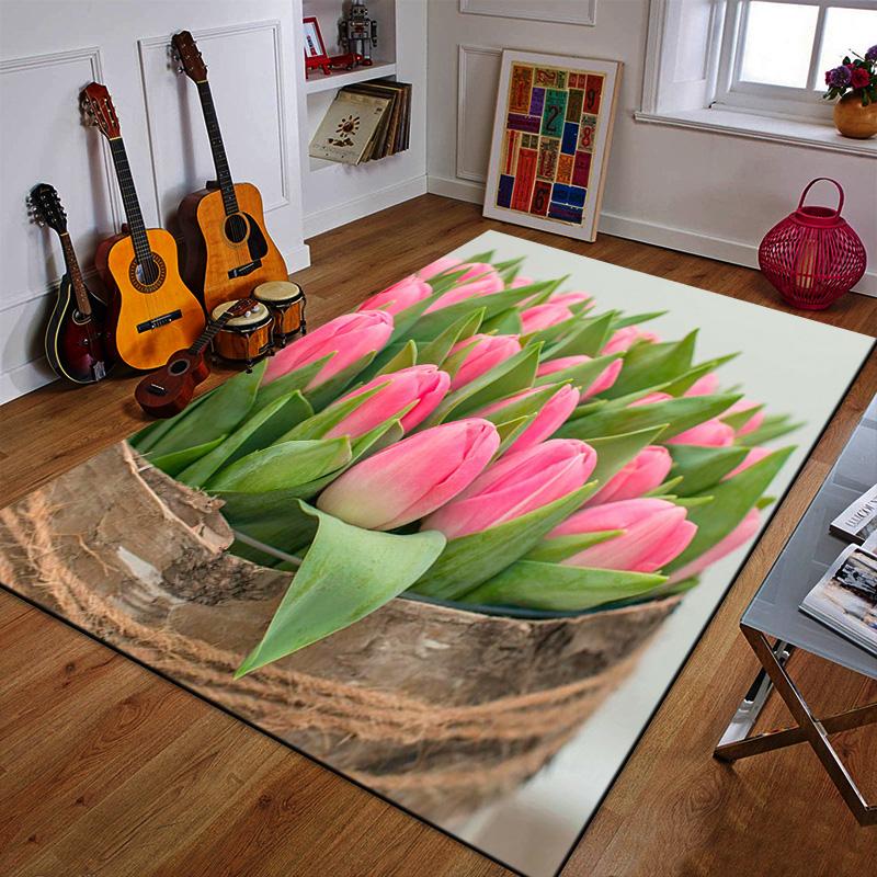 Pink Tulips in Rustic Basket Design Patterned carpet a non slip rug suitable for all seasons and any setting, gift