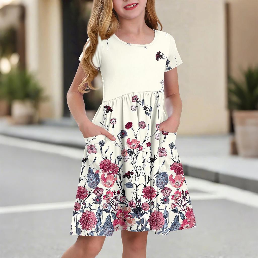 Children's Skirt Round Neck Short Sleeve Princess Dress Fashion Casual Pocket Dress For Girls