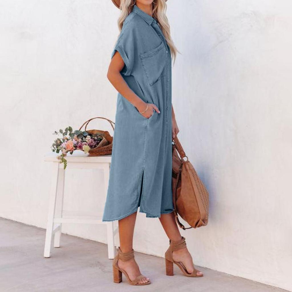 Женское повседневное свободное длинное джинсовое платье без рукавов с V-образным вырезом на пуговицах и потертым краем