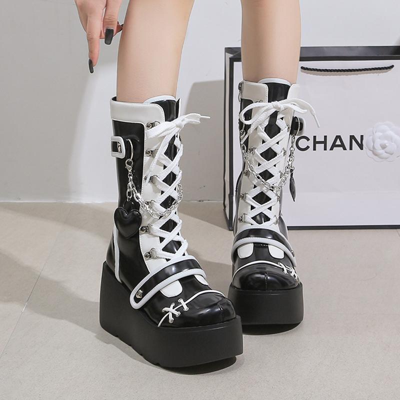 Fashion Kawaii Sweet New Gothic Platform Mid Calf Boots Women Street Autumn Wedges High Heels Punk Boots Girls Cute Cosplay Women Shoes