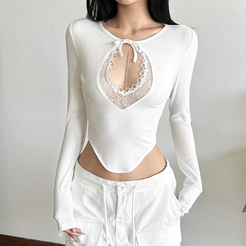 Женская осенне-зимняя новая однотонная сексуальная футболка с длинным рукавом и круглым вырезом
