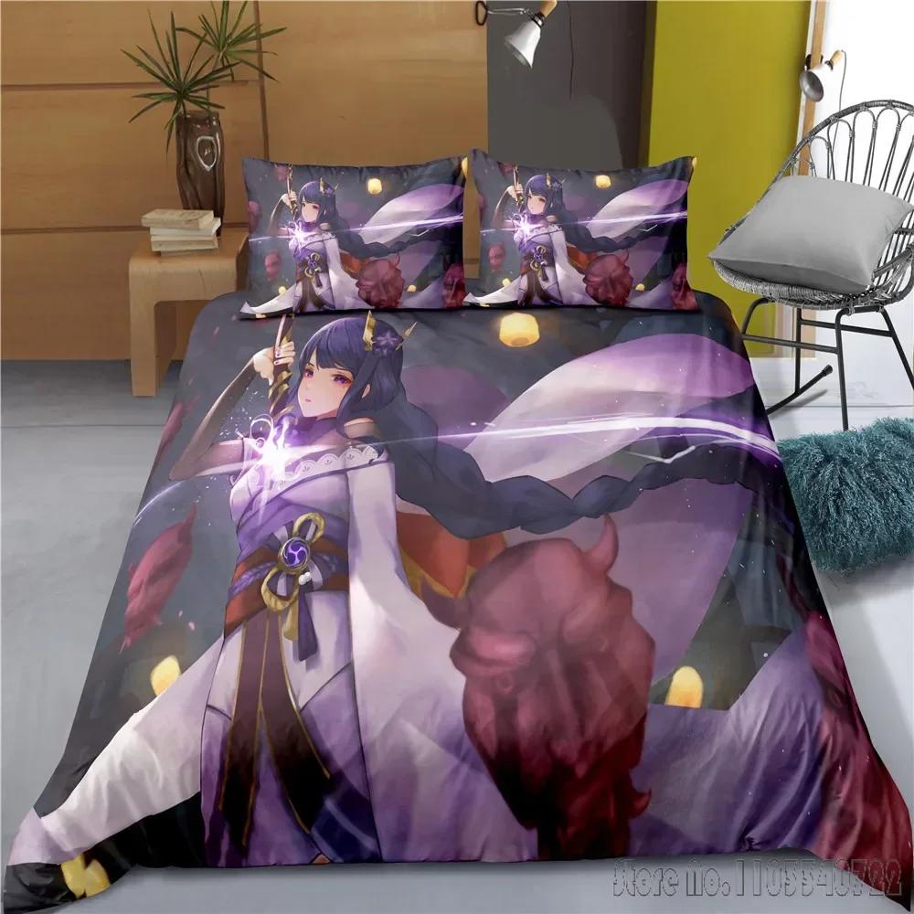 Indecor Genshin Impact Keqing Duvet Cover Set HD Одеяло Cover для детей Постельные комплекты Постельное белье Декор для спальни