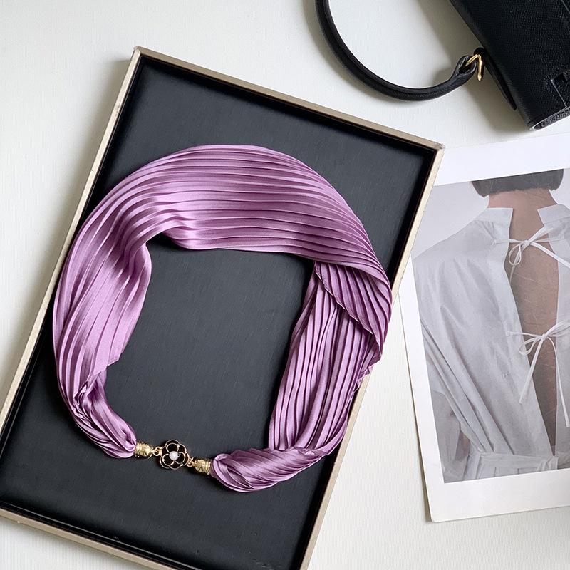 Новый монохромный магнитный шелковый шарф-ожерелье для женщин, плиссированный летний солнцезащитный головной платок, декоративный шарф