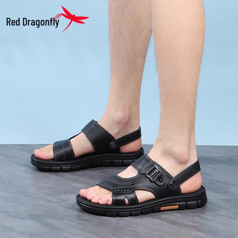 Мужские нескользящие кожаные пляжные сандалии Red Dragonfly - Мягкая подошва, износостойкие, устойчивые к запаху, летние папины шлепанцы.