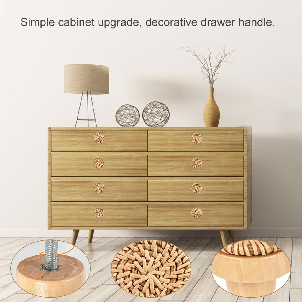 6/18Pcs Rattan Wooden Drawer Knobs Round Handmade Woven Cabinets Dresser Furniture Handles Kitchen Cupboard Wardrobe Door Pulls