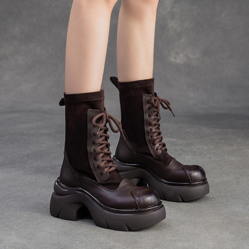 Johnature Genuine Leather Splicing Stretch Fabric Thick Soled Mid-calf Boots Versatile Women's Platform Boots