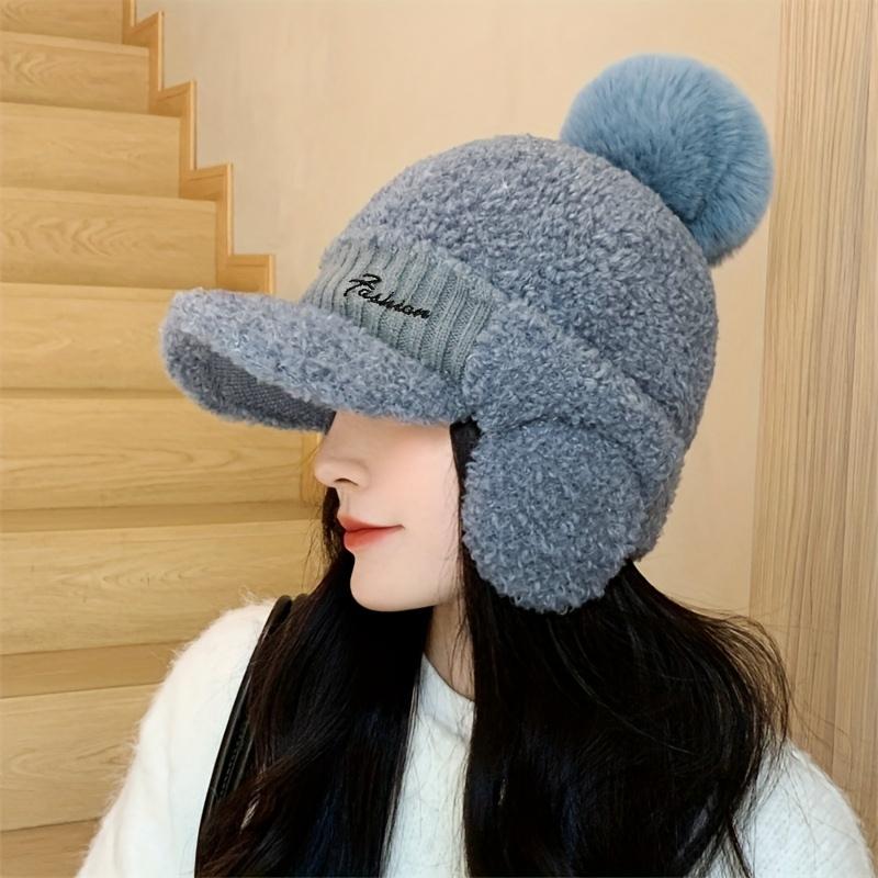 Winter Plush Pilot Cap with Ear Flaps Women's Elastic Polyester Knit Beanie,Warm Fleece Aviator Hat with Pom-Pom, Windproof Outdoor Headwear