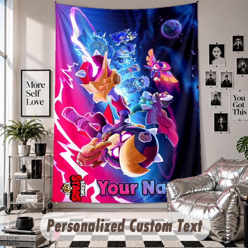 Wall Hanging Tapestry With Custom Name & Text, Brawl Stars Decorative Tapestry For Bedroom