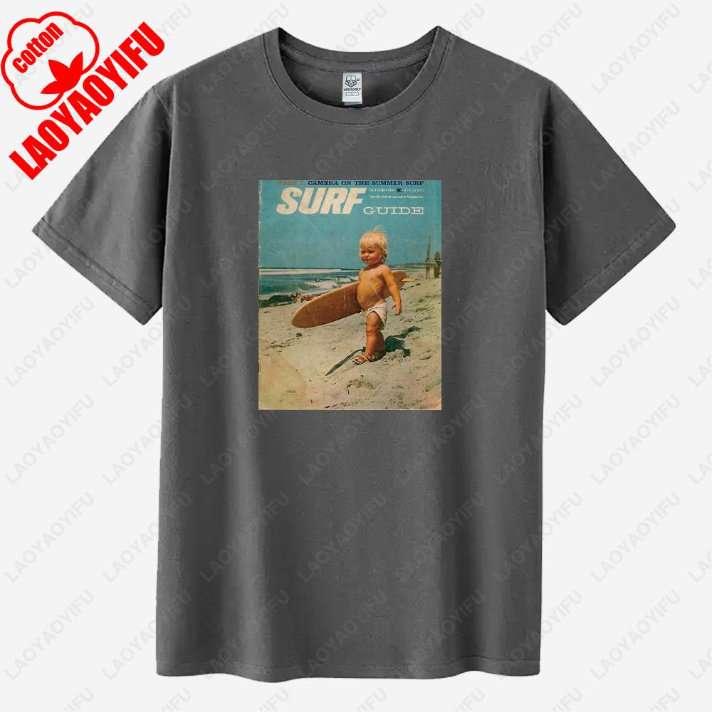 Boy Surfing Vintage Poster Graphic T Shirts Summer Unisex Holiday High Quality Cotton Tshirt Fashion Casual Funny Shortsleev
