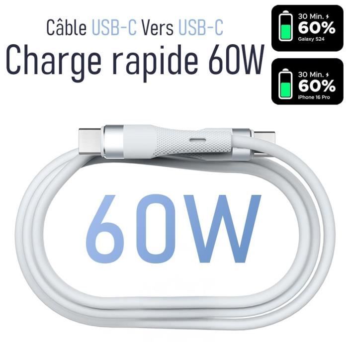 Câble USB-C vers USB-C Charge Rapide 60W pour Xiaomi 15-14T-14T Pro, 14 Ultra, Xiaomi 13 Pro, 13T Pro, 12-12X-12T - 1 Mètre Blanc
