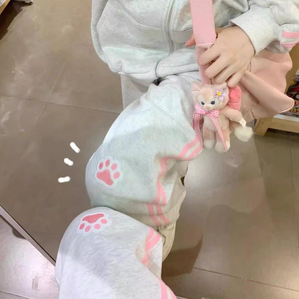 Japanese Fashion Kawaii Zipper Hoodie Set Women Harajuku Cute Pink Cat Embroidery Oversized Hooded Sweatshirt Set