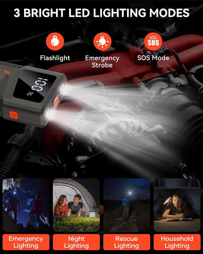 Портативное пусковое устройство для автомобиля 2000А 12В с ЖК-дисплеем, USB QC3.0, светодиодной подсветкой, пусковыми проводами