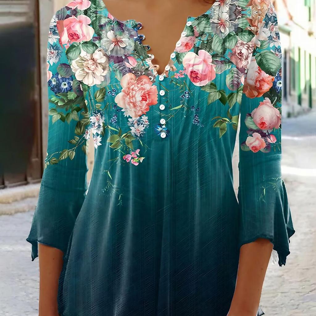 Spring Summer Women's Flower Print V-Neck Short Sleeve Pleated Button T-shirt