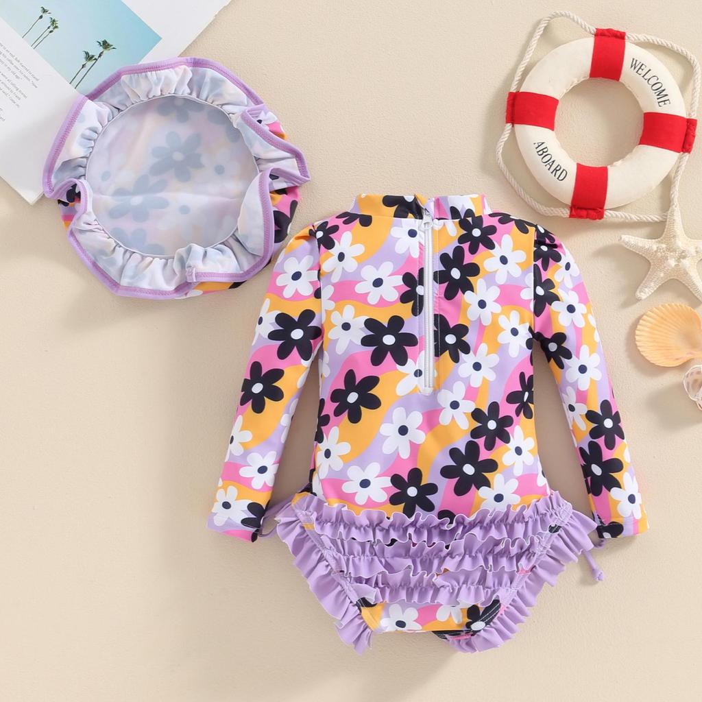 Купальник рашгарда для маленьких девочек 3, 6, 12, 18, 24 месяцев, купальный костюм с длинными рукавами и цветочным принтом/мороженого, детский купальник с шляпой от солнца
