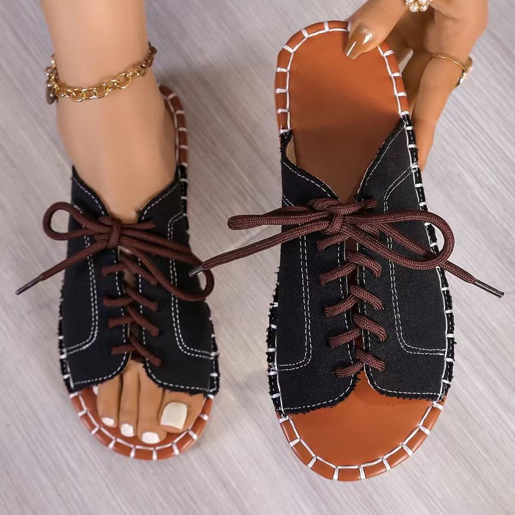 Women's Lace Up Flat Slide Shoes Fashion Peep Toe Summer Shoes Casual Outdoor Beach Slide Sandals