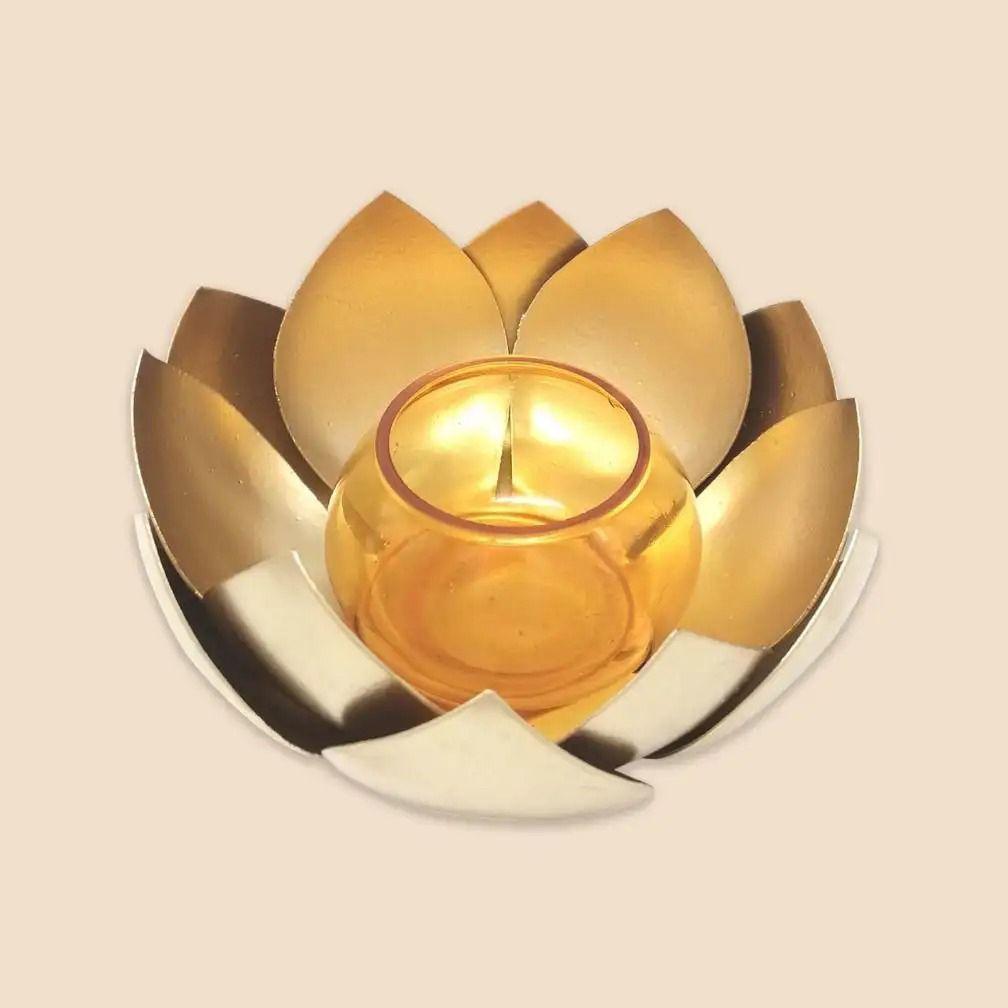 Orange Candlestick In the Shape of a Lotus, Lotus Tea Light Holder Orange, Isha Life