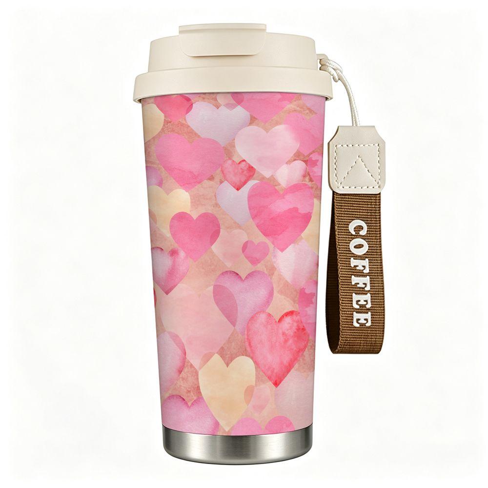 Cute Pink Watercolor Hearts Pattern Insulated Coffee Tumbler Double Walled Stainless Steel Travel Mug Reusable Cup for Office School Gift
