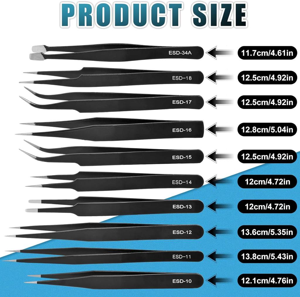 10Pcs Precision Tweezers Set, Upgraded Anti-Static Stainless Steel Tweezers with Storage Box, for Craft, Electronics, Jewelry-Making, Laboratory