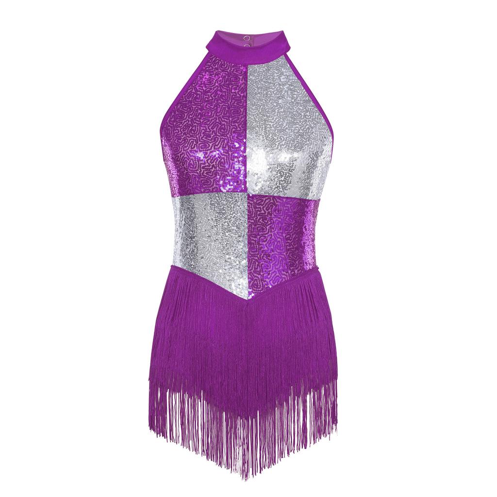 Женский костюм для латиноамериканских танцев без рукавов с открытой спиной, с цветными блоками, блестящими пайетками и кисточками, купальник
