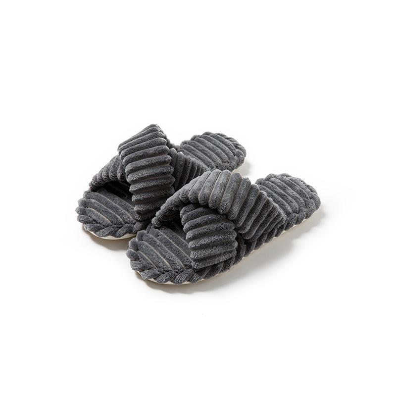 Striped Open ** Fork with Cotton Slippers Fluffy Slippers Comfortable and Simple Home Plush Slippers