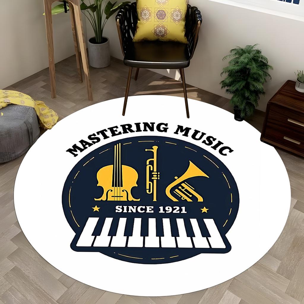 Винтажный Круглый Ковер для Музыкальной Студии Дизайн Mastering Since 1921 со Скрипкой и Саксофоном, Сине-Желтый Ретро Ковер, Декор для Дома Музыканта