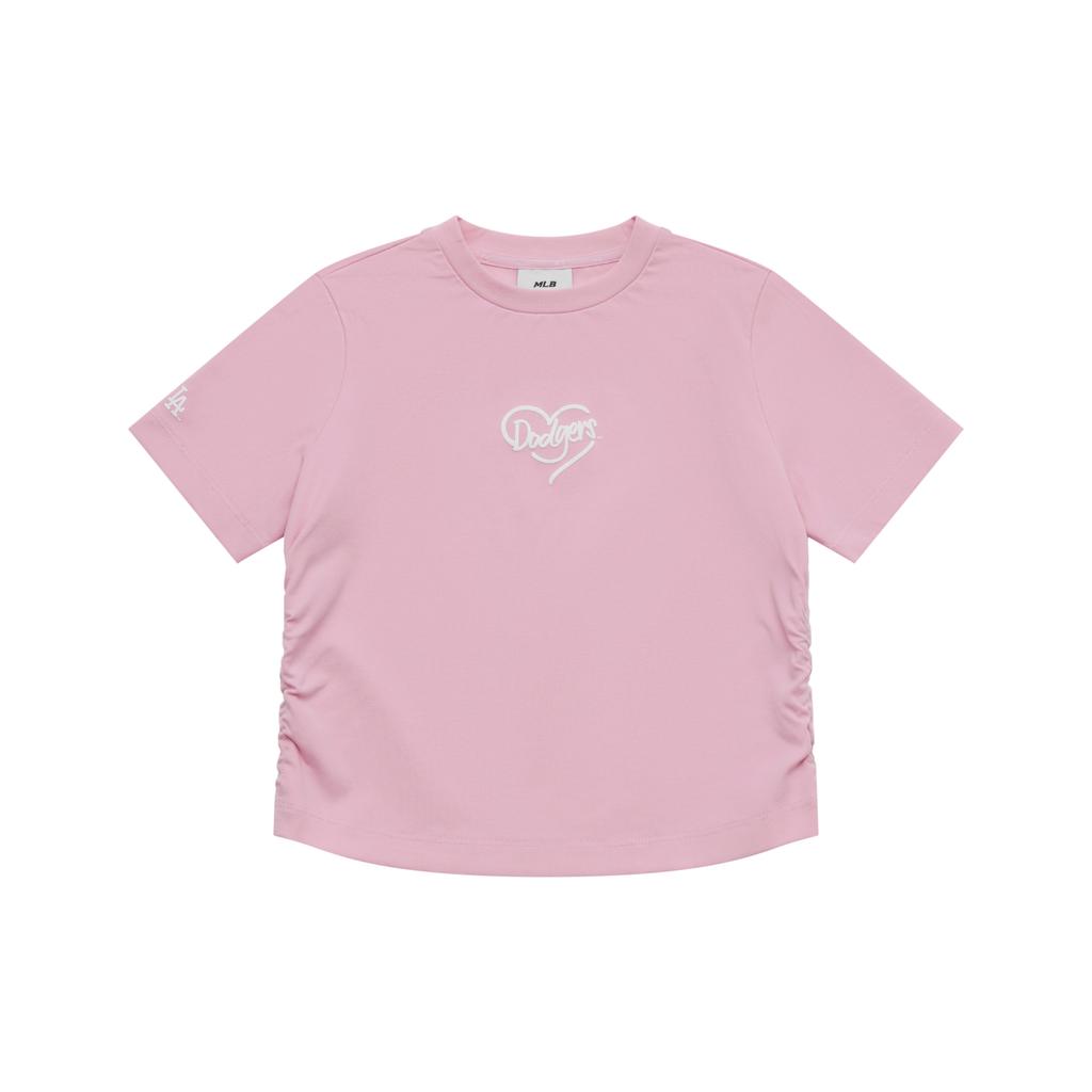 New MLB Los Angeles Dodgers Heart SS25 T Shirt Women's Heather Gray Pink 3FTSH0453-07PKM