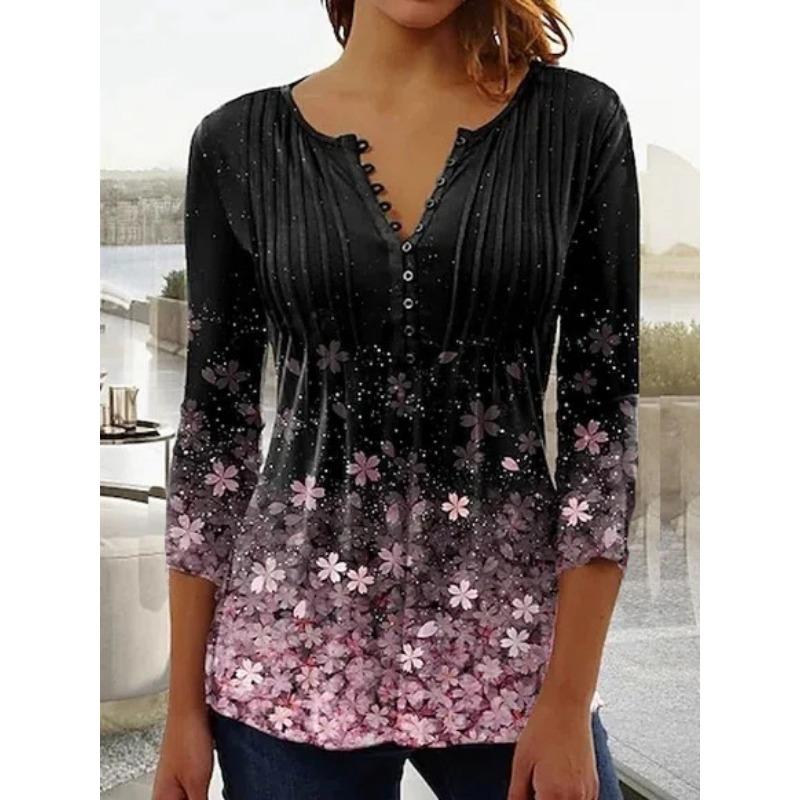 Весенне-летняя женская блузка, модная новая женская футболка с v-образным вырезом и короткими рукавами, плиссированной пуговицами и цветочным принтом
