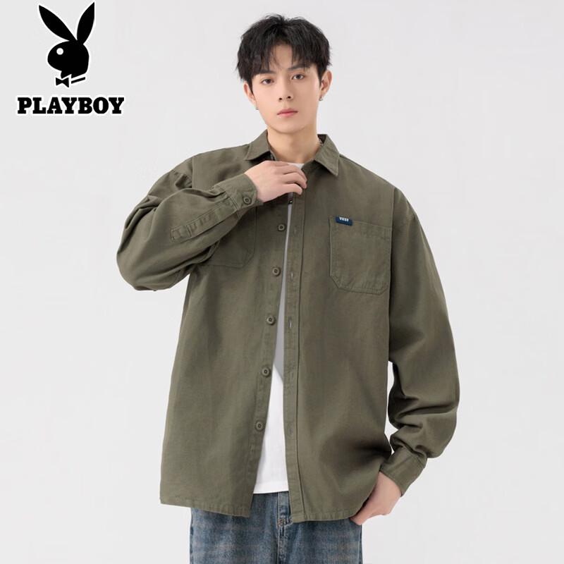 PLAYBOY Мужская повседневная рубашка с длинным рукавом из плотного чистого хлопка