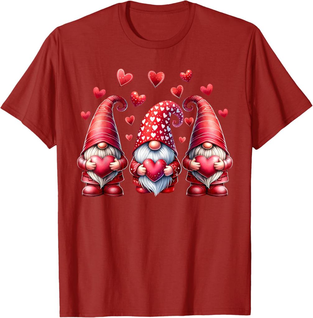 Pink Valentine Gnomes with Hearts Graphic Print Cotton T-Shirt Casual Daily Tee for Women Men