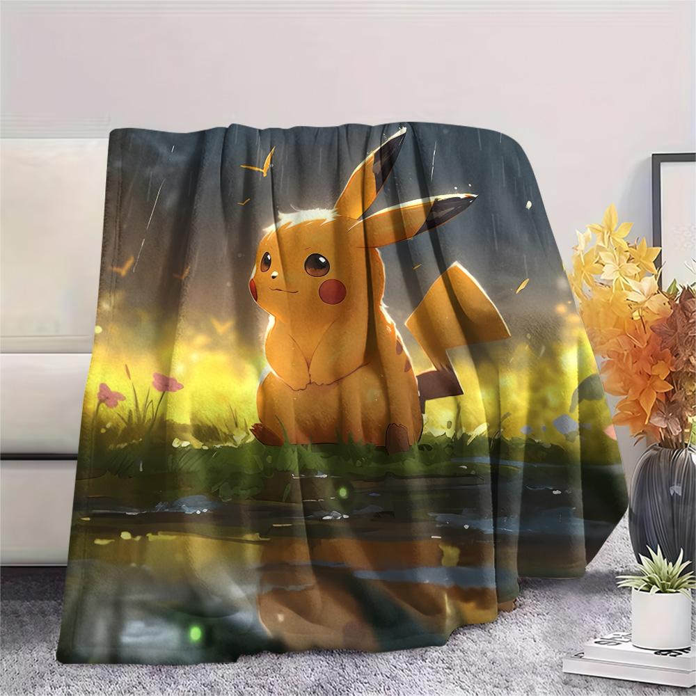 Cute Pikachu Print Flannel Blanket, High quality Comfortable for All Seasons, Home Decor, Warmth and Comfort