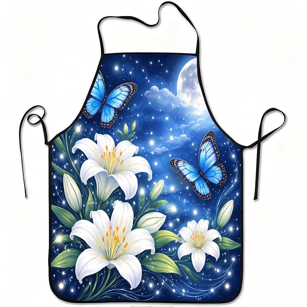 1pc Moonlight Blue Butterfly And White Lily Print Apron, Durable And Easy to Clean, Adjustable Waistband, Polyester Material, for Kitchen Cooking, Gar