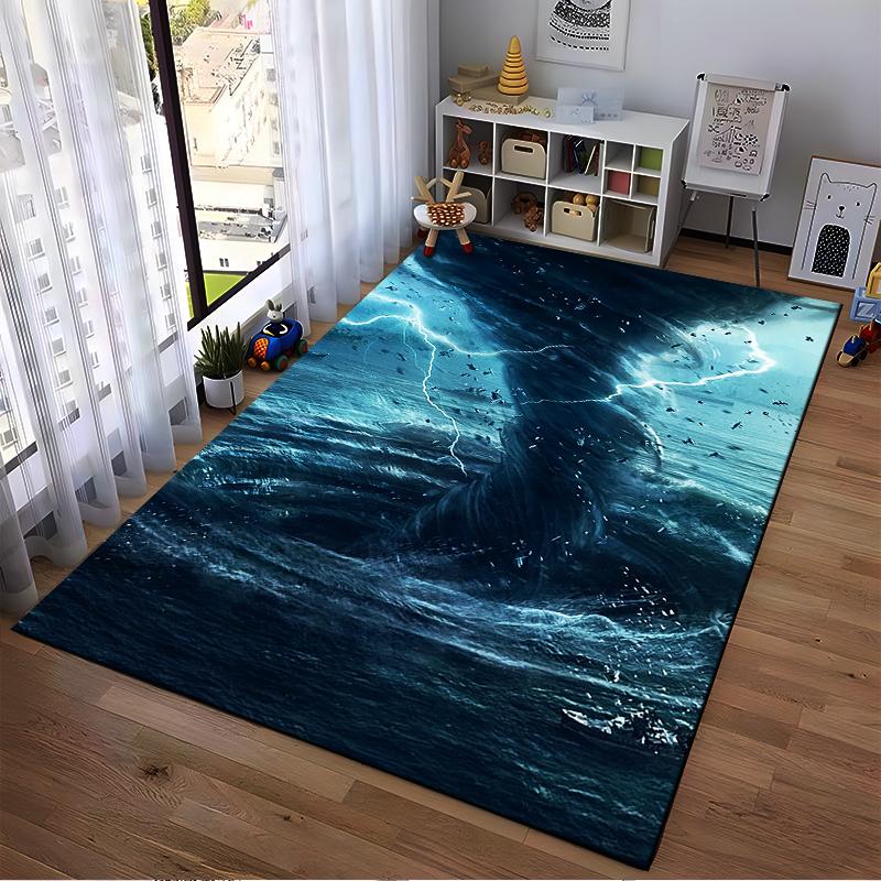 Ocean Storm Pattern Rug with Lightning and Dark Blue Waves Suitable for use as an anti-slip for living room bedroom sofas