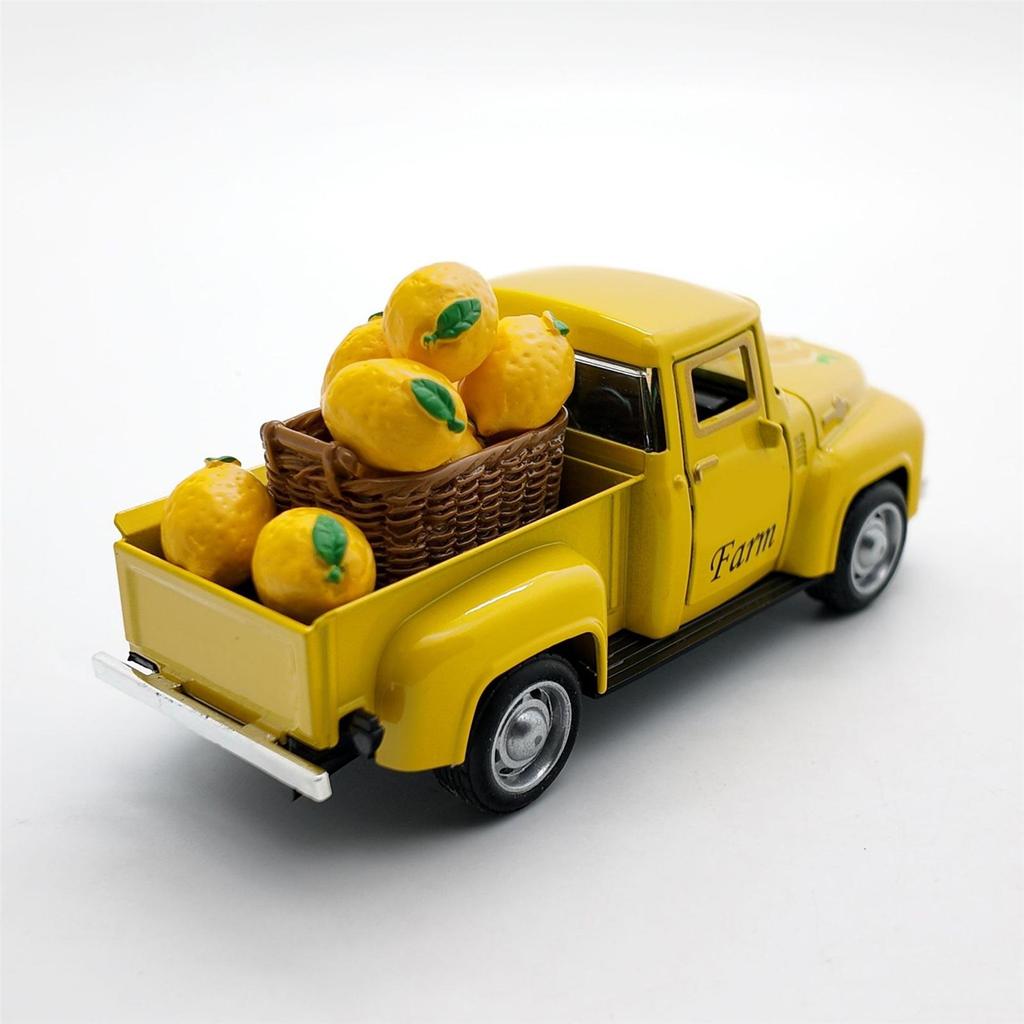 Vintage Alloy Lemon Truck Model with Mini Faux Lemons Summer Home Decors Miniature Vehicle Collectible Ornament Gift