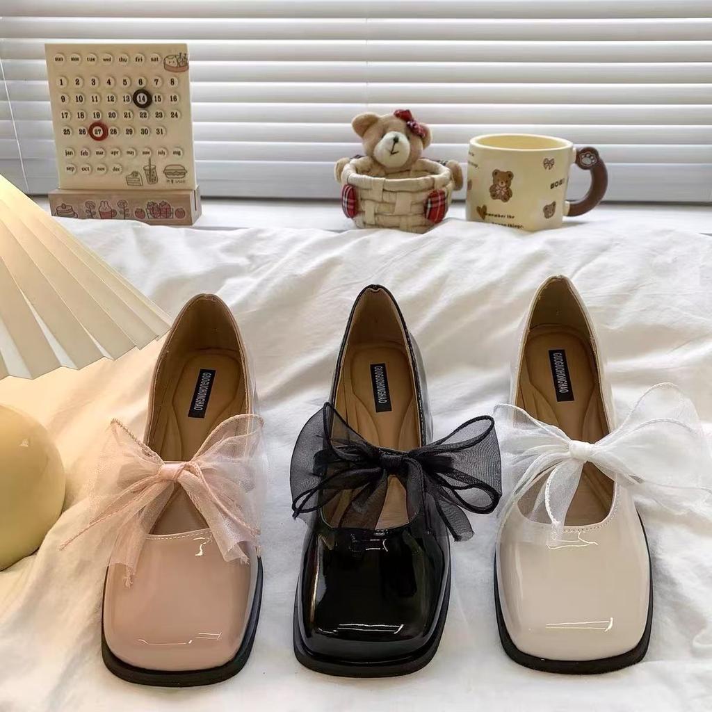 French Shallow Mouth Mary Jane Single Shoes 2025 Spring and Autumn New Bow High Heel Square Head Leather Shoes with Skirt Versatile Foreign Style