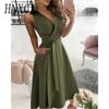 Женская мода лето весна однотонный принт без рукавов с v-образным вырезом повседневные платья
