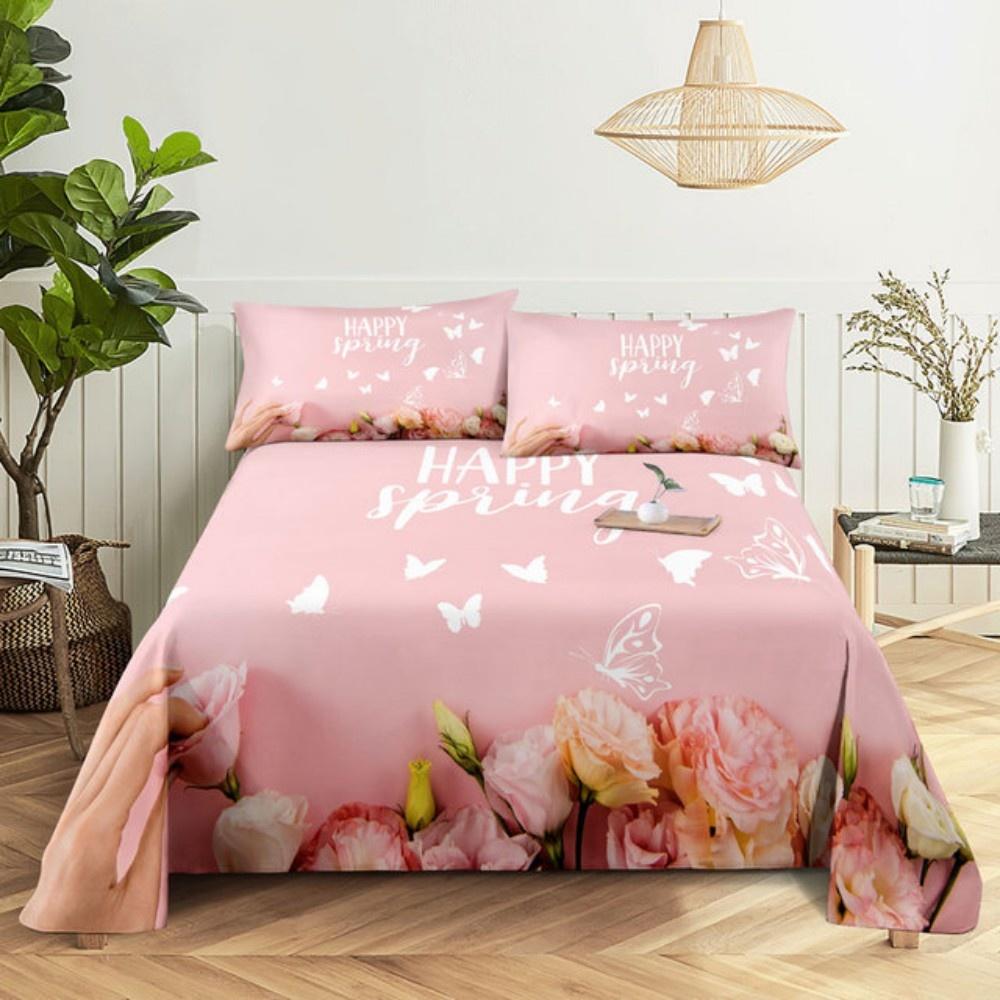Pink Rose Bed Sheet Sets 3D Print Flowers Flat Soft Cover For Women Kids Girls King Queen Full Twin Size Linen Room Decor