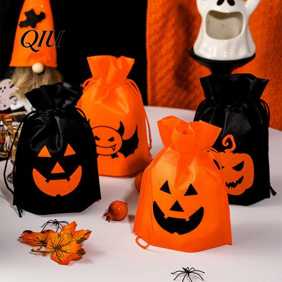 Lightweight Pumpkin Totes for Sweets 5 Pcs Halloween Treats Bag, Non-woven Fabric Candy Small Drawstring Bags Dessert Shops Snack Goodie Party Favors